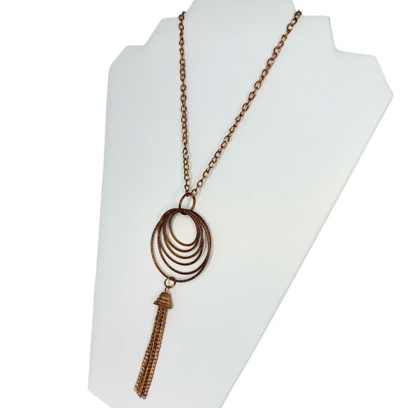 Copper Pendant Tassel Chain Necklace 37” Bold Gorpcore Girlcore Layering - Picture 4 of 7